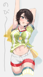 1girl absurdres arm_behind_head arm_up black_hair blue_eyes breasts collarbone commentary_request grey_background heavy_breathing highres hololive large_breasts looking_to_the_side menomeno_draw midriff navel oozora_subaru oozora_subaru_(1st_costume) open_mouth shirt short_hair short_sleeves shorts simple_background skindentation solo stopwatch stopwatch_around_neck stretching striped_clothes striped_shirt thick_thighs thighs tied_shirt tomboy translation_request v-shaped_eyebrows vertical-striped_clothes vertical-striped_shirt virtual_youtuber watch whistle whistle_around_neck white_shorts