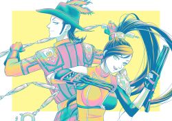 1boy 1girl :d armor back-to-back belt blue_gloves blue_hair border bracer breastplate clawed_gauntlets commentary_request dragon_quest dragon_quest_xi earrings fingerless_gloves floating_hair gloves green_hat hair_tubes hat hat_feather high_ponytail holding holding_whip jewelry limited_palette looking_at_another looking_back looking_to_the_side martina_(dq11) medium_hair official_alternate_costume okechinchin open_mouth orange_belt orange_shirt orange_sleeves pauldrons pink_shirt ponytail profile shirt shoulder_armor single_bracer single_pauldron single_sleeve sleeveless sleeveless_shirt smile stud_earrings sylvia_(dq11) upper_body white_border yellow_background