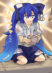 1girl absurdly_long_hair bangle blue_eyes blue_hair blue_skirt blush bow bowl bracelet coin commentary_request damaged debt donation full_body grey_hoodie hair_between_eyes hair_bow happy holding holding_bowl holed_coin hood hood_down hoodie jewelry kneeling leftame long_hair open_mouth raised_eyebrows rice_bowl short_sleeves skirt smile solo_focus touhou very_long_hair yorigami_shion