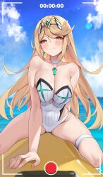 Rule 34 | 1girl, bare shoulders, blonde hair, blue sky, blush, breasts, chest jewel, cleavage, competition swimsuit, core crystal (xenoblade), highleg, highleg one-piece swimsuit, highres, large breasts, long hair, matrix16, mythra (radiant beach) (xenoblade), mythra (xenoblade), ocean, one-piece swimsuit, outdoors, sky, solo, strapless, strapless one-piece swimsuit, swimsuit, tiara, user interface, vinyl record, white one-piece swimsuit, xenoblade chronicles (series), xenoblade chronicles 2