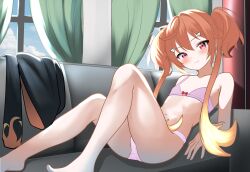 1girl absurdres barefoot belly blonde_hair blush bow bra breasts cloud cloudysky commission curtains enya_ignis feet flat_chest hat highres idol_corp indoors jacket looking_at_viewer multicolored_hair navel orange_hair panties pink_bra pink_eyes pink_panties ribbon small_breasts smile solo toes underwear underwear_only unworn_hat unworn_headwear unworn_jacket virtual_youtuber window