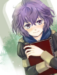 1girl bernadetta_von_varley blush closed_mouth commentary_request fire_emblem fire_emblem:_three_houses garreg_mach_monastery_uniform hair_between_eyes holding holding_notebook hood hood_down hugging_object juliet_sleeves long_sleeves looking_at_viewer nintendo notebook puffy_sleeves purple_eyes purple_hair short_hair solo usachu_now