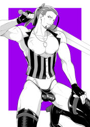 Rule 34 | 1boy, 2023, alternate costume, arm up, boots, border, bulge, collarbone, commentary request, covered penis, cross scar, dated, dragon quest, dragon quest xi, erection, erection under clothes, facial hair, fingerless gloves, gloves, gluteal fold, greig (dq11), greyscale with colored background, hand on own thigh, high heel boots, high heels, holding, holding sword, holding weapon, jewelry, looking to the side, male focus, muscular, muscular male, nipples, nodosabu, parted lips, pendant, ponytail, purple background, scar, scar on chest, scar on shoulder, single bang, solo, squatting, striped clothes, striped vest, sword, thigh boots, thong, vertical-striped clothes, vertical-striped vest, vest, weapon, white border