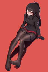 Rule 34 | 1girl, absurdres, black hair, black pantyhose, brown eyes, eyepatch, highres, jacket, library of ruina, long hair, misg1111, pantyhose, ponytail, project moon, red background, sitting, skindentation, tenma (project moon), thigh strap, very long hair