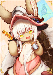 1other animal_ears blackcat_(blackcatbox) body_fur eating food furry furry_other hat highres made_in_abyss nanachi_(made_in_abyss) other_focus solo white_hair yellow_eye