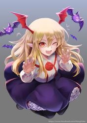 10s 1girl animal bat_(animal) black_pantyhose blonde_hair blush fang female_focus fingernails granblue_fantasy head_wings highres kengzeta long_fingernails long_hair looking_at_viewer one_eye_closed open_mouth pantyhose pointy_ears shingeki_no_bahamut smile solo v-shaped_eyebrows vampy wings