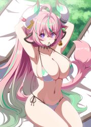 1girl absurdres ahoge alternate_costume alternate_hairstyle animal_ears arms_behind_head bell bikini blush breasts cleavage closed_mouth commentary_request cow_ears cow_girl cow_horns cow_tail cowbell day ear_bell fuyunash1 genshin_impact green_hair hair_tie_in_mouth highres horns huge_breasts long_hair mouth_hold multicolored_hair navel outdoors pink_hair purple_eyes side-tie_bikini_bottom smile solo stomach swimsuit tail tying_hair varesa_(genshin_impact) very_long_hair white_bikini