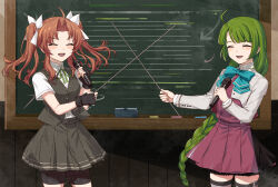 2girls absurdres ahoge aqua_bow aqua_bowtie bike_shorts bike_shorts_under_skirt black_gloves black_shorts black_skirt black_vest bow bowtie braid brown_hair chalkboard closed_eyes commission dress fingerless_gloves gloves green_hair green_ribbon grey_thighhighs hair_ribbon highres holding holding_microphone holding_pointer kagerou_(kancolle) kagerou_kai_ni_(kancolle) kanmiya_shinobu kantai_collection long_hair long_sleeves microphone miniskirt mole mole_under_mouth multiple_girls neck_ribbon pleated_skirt pointer purple_dress purple_skirt ribbon school_uniform shirt short_sleeves shorts single_braid skeb_commission skirt thighhighs twintails very_long_hair vest white_ribbon white_shirt yuugumo_(kancolle) yuugumo_kai_ni_(kancolle)