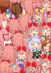 &gt;_&lt; +_+ 6+girls absurdres agnes_digital_(umamusume) animal_ears black_jacket black_skirt blood blue_bow blue_bowtie blue_eyes blue_jacket blue_sleeves blush book bow bowtie braid brown_hair casual closed_eyes collared_shirt crowd detached_sleeves ear_bow ear_covers frilled_sleeves frills grey_hair hair_between_eyes hair_bow haru_urara_(umamusume) highres horse_ears horse_girl horse_tail ikuno_dictus_(umamusume) jacket long_braid long_hair long_sleeves mejiro_mcqueen_(umamusume) multicolored_hair multiple_girls multiple_persona nosebleed official_alternate_costume open_mouth pink_hair pink_sweater pleated_skirt ponytail puffy_sleeves purple_shirt purple_skirt reading red_bow red_hair red_trim sailor_collar saliva school_uniform serafuku shirt short_hair sidelocks skirt sleeve_cuffs smile super_creek_(umamusume) sweater tail tokai_teio_(umamusume) tracen_school_uniform two-tone_hair umamusume waving white_bow white_bowtie white_hair white_jacket yamashita_momiyo yellow_bow