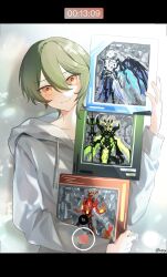 Rule 34 | 1boy, absurdres, commentary request, drawstring, eve (meltdown), figure, green hair, grey hoodie, hair between eyes, head tilt, highres, honkai (series), honkai impact 3rd, hood, hood down, hoodie, kosma, letterboxed, looking at viewer, male focus, orange eyes, recording, solo, timestamp, twitter username