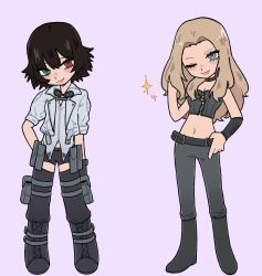 2girls black_hair black_pants black_shorts blonde_hair blue_eyes devil_may_cry_(series) devil_may_cry_5 goggles goggles_around_neck highres iluvmyhamster69 jacket lady_(devil_may_cry) long_hair midriff multiple_girls one_eye_closed pants purple_background shirt short_hair shorts simple_background smile sparkle trish_(devil_may_cry) white_jacket white_shirt