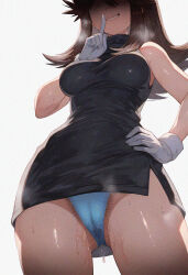 Rule 34 | 1girl, black dress, breasts, brown hair, cameltoe, dress, eyes out of frame, finger to mouth, from below, gloves, green (pokemon), hand on own hip, head out of frame, highres, medium breasts, medium hair, nintendo, panties, pantyshot, pokemon, pokemon adventures, pubic hair, pussy juice, seductive smile, shiny skin, short hair, shushing, side slit, skin tight, sleeveless, sleeveless dress, smile, sweat, thighs, tight clothes, underwear, white background, white gloves, white panties