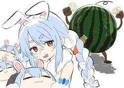 :3 animal_ear_fluff animal_ears bare_shoulders blue_hair braid carrot_hair_ornament closed_eyes closed_mouth commentary_request detached_sleeves don-chan_(usada_pekora) exploding_watermelon_challenge food food-themed_hair_ornament fruit hair_between_eyes hair_ornament highres hololive kiritoma open_mouth orange_eyes puffy_short_sleeves puffy_sleeves rabbit-shaped_pupils rabbit_ears rubber_band shadow short_eyebrows short_sleeves simple_background symbol-shaped_pupils thick_eyebrows twin_braids twintails usada_pekora usada_pekora_(1st_costume) v-shaped_eyebrows virtual_youtuber watermelon wavy_mouth white_background white_hair white_sleeves