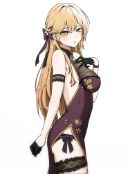1girl :o bare_shoulders black_pants blonde_hair blush bow bow_panties breasts china_dress chinese_clothes commentary cowboy_shot dress frilled_thigh_strap from_side girls&#039;_frontline girls&#039;_frontline_2:_exilium gloves greyscale groza_(girls&#039;_frontline_2) half_gloves highres looking_at_viewer looking_to_the_side medium_breasts monochrome official_alternate_costume ots-14_(girls&#039;_frontline) ots-14_(sangria_succulent)_(girls&#039;_frontline) panties pants purple_dress reynamadrista simple_background sleeveless sleeveless_dress solo thigh_strap underwear white_background yellow_eyes