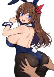 1boy 1girl animal_ears back bare_shoulders black_pantyhose blue_leotard blush breasts brown_hair detached_collar fake_animal_ears grabbing_another&#039;s_ass groping hair_between_eyes hair_ornament hetero highres hololive large_breasts leotard long_hair looking_at_viewer open_mouth pantyhose playboy_bunny purple_eyes rabbit_tail sakanaya_(sakanaya952) sideboob sidelocks simple_background star_(symbol) star_hair_ornament tail tokino_sora wavy_mouth white_background wrist_cuffs
