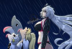 3girls absurdres ahoge armpit_crease ass bags_under_eyes bell bikini black_bikini blonde_hair breasts commentary cropped_jacket dolphin english_commentary fate/grand_order fate_(series) frown glasses goku_and_vegeta_in_the_rain_(meme) grey_hair headpiece highres huge_ass igno_art jacket jeanne_d&#039;arc_(fate) jeanne_d&#039;arc_(swimsuit_archer)_(fate) jeanne_d&#039;arc_(swimsuit_archer)_(second_ascension)_(fate) jeanne_d&#039;arc_alter_(fate) jeanne_d&#039;arc_alter_(swimsuit_berserker)_(fate) jeanne_d&#039;arc_alter_santa_lily_(fate) large_breasts long_hair meme multiple_girls one-piece_swimsuit open_mouth ponytail rain swimsuit very_long_hair wet whistle whistle_around_neck white_jacket white_one-piece_swimsuit yellow_eyes