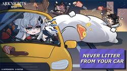 1girl 2boys anger_vein animal_ears animal_hat arknights arms_up bendy_straw black_gloves black_hair black_hat black_jacket brown_jacket bucket building car character_request copyright_name cup disposable_cup drink drinking_straw driving english_text faceless faceless_male fake_animal_ears fang food gloves grey_eyes grey_hair hat highres jacket lappland_(arknights) long_hair mabing mask motor_vehicle multiple_boys newsboy_cap night night_sky official_art open_mouth outdoors pineapple_on_pizza pizza pizza_box pizza_slice popcorn second-party_source sharp_teeth sky teeth white_gloves