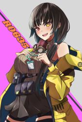 1girl bare_shoulders bike_shorts_under_skirt black_hair black_shorts black_skirt black_thighhighs blush breasts brown_sweater cable_knit character_name commentary_request girls&#039;_frontline heterochromia highres id_card jacket large_breasts long_hair looking_at_viewer mask mask_around_neck off_shoulder open_clothes open_jacket open_mouth r9k1 red_eyes ro635_(girls&#039;_frontline) shorts simple_background skirt smile solo sweater thighhighs very_long_hair yellow_eyes yellow_jacket