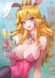 1girl ?_block alcohol animal_ears bare_shoulders blonde_hair blue_eyes blush bowser breasts champagne champagne_flute cleavage commentary covered_navel cup detached_collar drinking_glass earrings english_commentary fishnet_pantyhose fishnets hair_between_eyes highres holding holding_cup jammeryx jewelry large_breasts leotard light_blush long_hair looking_at_viewer mario mario_(series) messy_hair nintendo open_mouth outdoors pantyhose pink_leotard playboy_bunny princess_peach purple_pantyhose rabbit_ears sitting strapless strapless_leotard super_mario_bros._1 toad_(mario) upper_body yokozuwari