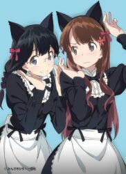 2girls animal_ears apron artist_name black_dress black_eyes black_hair bow braid breasts brown_eyes brown_hair cat_ears comic_yuri_hime commentary_request dress fake_animal_ears flower frown glasses hair_bow hair_flower hair_ornament highres kanzaki_hiro long_hair multiple_girls rimless_eyewear small_breasts smile twin_braids waist_apron wavy_mouth