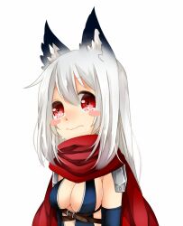 1girl animal_ears armor assassin_cross_(ragnarok_online) black_gloves black_leotard blush blush_stickers breasts cat_ears cat_girl cleavage closed_mouth commentary crying crying_with_eyes_open elbow_gloves gloves leotard long_hair looking_at_viewer medium_breasts meiko_(nattu303) pauldrons ragnarok_online red_eyes red_scarf scarf shoulder_armor simple_background tears upper_body white_background white_hair