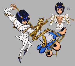 1boy absurdres black_hair black_nails black_shoes blue_eyes blue_skin blunt_bangs bob_cut bruno_bucciarati cleavage_cutout clothing_cutout colored_skin commentary english_commentary foreshortening grey_background hair_ornament hairclip highres jacket jojo_no_kimyou_na_bouken long_sleeves male_focus multiple_views pants pectoral_cleavage pectorals shikinamisooryu shoes short_hair split_theme stand_(jojo) sticky_fingers_(stand) vento_aureo white_jacket white_pants zipper zipper_pull_tab