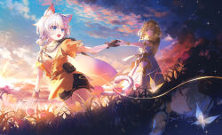 2girls absurdres aged_down animal_ear_fluff animal_ears black_gloves blonde_hair blue_eyes bug butterfly cat_ears cat_girl cipher_(honkai:_star_rail) cipher_(sweet_slumber)_(honkai:_star_rail) dress dual_persona gloves grey_hair highres holding_hands insect looking_at_another multiple_girls open_mouth short_hair short_sleeves single_glove sky smile standing swkl:d white_dress