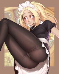 1girl absurdres ass blonde_hair breasts closed_mouth dark-skinned_female dark_skin female_focus gravity_daze highres kitten_(gravity_daze) legs long_hair maid nickleflick pantyhose ponytail red_eyes solo third-party_source