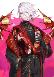 Rule 34 | 1boy, absurdres, belt, black pants, black shirt, blue eyes, bow, bowtie, character doll, cowboy shot, doll, earrings, eyeshadow, fate/extra, fate/grand order, fate (series), gold necklace, gold trim, hair between eyes, hand on own hip, high collar, highres, holding, holding phone, jacket, jewelry, long sleeves, looking to the side, makeup, multicolored jacket, nail polish, necklace, o-ring, pants, phone, puffy long sleeves, puffy sleeves, red eyeshadow, red jacket, red sash, sash, shirt, single earring, snacks00, sticker, white hair