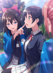 3girls black_hair black_jacket black_pantyhose blazer blouse blue_eyes bow brown_hair cheek_poking collared_shirt gradient_hair green_eyes green_hair hair_between_eyes hair_bow highres jacket long_hair long_sleeves love_live! love_live!_nijigasaki_high_school_idol_club medium_hair multicolored_hair multiple_girls neck_ribbon nijigasaki_school_uniform open_mouth osaka_shizuku pantyhose pink_hair plaid_clothes plaid_skirt pleated_skirt poking red_bow red_ribbon ribbon school_uniform shamakho shirt skirt smile takasaki_yu thighhighs twintails two-tone_hair uehara_ayumu white_shirt white_skirt