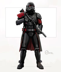 Rule 34 | 1boy, absurdres, armor, artist name, black armor, black helmet, brian matyas, full body, gun, helmet, highres, holding, holding gun, holding weapon, purge trooper, solo, standing, star wars, weapon