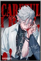 1boy 1other astarion baldur&#039;s_gate baldur&#039;s_gate_3 bleeding blood bracelet character_name colored_eyelashes dungeons_&amp;_dragons dungeons_&amp;_dragons english_text fang grey_hair jewelry keapriciti lace_shirt licking_another&#039;s_hand male_focus open_clothes open_shirt short_hair vampire