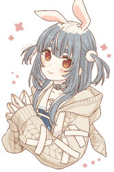 1girl animal_ears artist_name blue_hair blue_ribbon blush choker cropped_torso hair_ornament hands_up highres hololive hood hood_down hoodie long_sleeves looking_at_viewer official_alternate_costume official_alternate_hair_length official_alternate_hairstyle own_hands_together rabbit-shaped_pupils rabbit_ears rabbit_girl red_eyes ribbon short_eyebrows smile solo steepled_fingers symbol-shaped_pupils thick_eyebrows traum38 two_side_up upper_body usada_pekora usada_pekora_(casual) virtual_youtuber white_background white_choker
