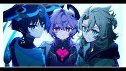 Rule 34 | 3boys, absurdres, albedo (genshin impact), birthmark, black bodysuit, black eyeliner, black eyeshadow, black hair, black horns, blonde hair, blue cape, blue eyes, blue hat, blue light, blunt ends, bodysuit, border, bright pupils, cape, chest jewel, cleavage cutout, closed mouth, clothing cutout, coat, collar, crossed bangs, dragon boy, dragon horns, dragon wings, expressionless, eyelashes, eyeliner, eyeshadow, gem, genshin impact, gold, hair between eyes, half updo, hat, heart-shaped gem, highres, hood, hood down, hooded coat, horns, japanese clothes, jingasa, kimono, looking at viewer, looking back, makeup, male focus, mini durin (genshin impact), mini durin (human) (genshin impact), mitsudomoe (shape), multiple boys, oishii sasa, orange eyes, pink gemstone, ponytail, purple hair, purple hood, purple horns, purple shirt, purple vest, ringed eyes, scaramouche (genshin impact), shirt, short ponytail, shoulder peek, smile, split mouth, tomoe (symbol), tsurime, turtleneck, turtleneck bodysuit, vest, wanderer (genshin impact), white border, white coat, white collar, white kimono, white pupils, wing ornament, wings