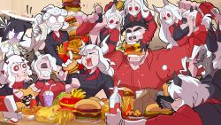 ! 1boy 6+girls absurdres alcohol angel animal_ears azazel_(helltaker) bag black_gloves black_hair black_horns black_jacket black_necktie bottle breasts bug burger cerberus_(helltaker) chicken_nuggets choker collared_shirt commentary condiment_packet cup dark-skinned_female dark_skin demon_girl demon_horns disposable_cup dog_ears dog_girl drinking_straw earrings eating english_commentary eyeshadow fast_food feeding fingerless_gloves fly food food_in_mouth food_on_face force-feeding french_fries glasses gloves hair_over_one_eye hair_ribbon hairband halo heart heart-shaped_pupils helltaker helltaker_(character) highres holding holding_bottle holding_food horns incredibly_absurdres indoors insect jacket jewelry judgement_(helltaker) justice_(helltaker) long_hair lucifer_(helltaker) makeup malina_(helltaker) mcdonald&#039;s medium_breasts medium_hair modeus_(helltaker) mole mole_under_eye multiple_girls musical_note necktie open_mouth pandemonica_(helltaker) paper_bag receipt red_eyes red_gloves red_shirt red_sweater ribbed_sweater ribbon round_eyewear s4_(user_ggme4322) shaded_face sharp_teeth shirt short_hair smile spiked_hairband spiked_horns spikes sunglasses sweatdrop sweater symbol-shaped_pupils teeth trembling triplets vest vodka white_gloves white_hair white_horns white_ribbon wrapper zdrada_(helltaker)