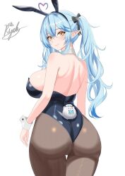 Rule 34 | 1girl, ahoge, animal ears, ass, backboob, backless outfit, bare shoulders, black leotard, black pantyhose, blue hair, breasts, elf, fake animal ears, from behind, heart, heart ahoge, highres, hololive, large breasts, leotard, pantyhose, pink hair, pointy ears, rabbit ears, rijeka1918, simple background, solo focus, strapless, strapless leotard, twintails, virtual youtuber, white background, yellow eyes, yukihana lamy, yukimin (yukihana lamy)
