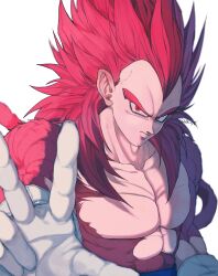 1boy absurdres artist_name db_vg8 dragon_ball dragon_ball_daima gloves highres large_pectorals male_focus muscular muscular_male pectorals red_eyes red_hair signature super_saiyan super_saiyan_4 vegeta white_gloves