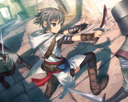 1girl ahoge alley altair_ibn_la-ahad armor assassin&#039;s_creed assassin&#039;s_creed_(series) battle black_thighhighs boots dagger day door earrings full_body genderswap genderswap_(mtf) gloves grey_eyes grey_hair helmet concealed_weapon hidden_blade_(assassin&#039;s_creed) holding holding_sword holding_weapon hood jewelry knife outdoors short_hair solo_focus stud_earrings sword templar thighhighs uni_(plastic_girl) vambraces weapon zettai_ryouiki