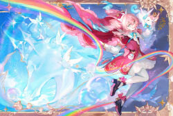 1girl absurdres aqua_bow aqua_eyes aqua_hair bird black_shoes blue_bird border bow chinese_commentary commentary_request dove dress highres honkai:_star_rail honkai_(series) hyacine_(honkai:_star_rail) little_ica_(honkai:_star_rail) multicolored_hair open_mouth pantyhose pegasus pink_hair red_dress sanmen shoes smile twintails two-tone_hair white_pantyhose