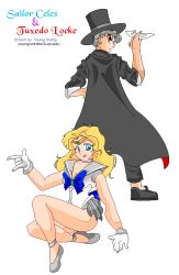 1990s_(style) 1boy 1girl \m/ aino_minako back-to-back bishoujo_senshi_sailor_moon blonde_hair blue_eyes celes_chere choker cosplay crossover earrings final_fantasy final_fantasy_vi gloves grey_hair hat jewelry lipstick locke_cole looking_back magical_girl makeup mask red_eyes retro_artstyle sailor_moon sailor_senshi_(cosplay) smile top_hat tuxedo_kamen tuxedo_kamen_(cosplay) unofficial_sailor_senshi_uniform young_wang