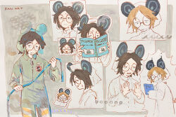 1boy book brown_hair commentary_request facial_mark glasses green_jumpsuit highres holding holding_book jumpsuit lab_coat male_focus mouse_boy mouse_hat mouse_tail multiple_views randal&#039;s_friends ratman_3_(randal&#039;s_friends) round_eyewear shieriru short_hair tail whisker_markings