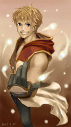 Rule 34 | 1boy, beckoning, black gloves, blonde hair, brown background, champion (ragnarok online), coat, commentary request, cowboy shot, dated, energy ball, gloves, gold trim, grin, looking at viewer, looking to the side, male focus, muiro, multicolored coat, ragnarok online, red coat, short hair, sleeveless, sleeveless coat, smile, solo, two-tone coat, v-shaped eyebrows, white coat
