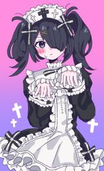 1girl ame-chan_(needy_girl_overdose) black_dress black_eyes black_hair blush cowboy_shot cross cross_hair_ornament dress frilled_dress frills hair_ornament hand_on_own_hip hands_up highres itomakirichan looking_at_viewer maid maid_headdress needy_girl_overdose paw_pose short_twintails solo sweatdrop twintails two-tone_dress white_dress x_hair_ornament