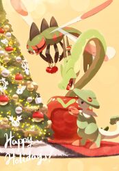 animal_focus apple breloom bug christmas christmas_tree closed_eyes commentary creatures_(company) dragonfly ewokakukaede flying food fruit game_freak gen_3_pokemon gen_4_pokemon happy_holidays highres hydrapple indoors insect nintendo no_humans open_mouth pokemon pokemon_(creature) red_eyes tail tree wings worm yanmega