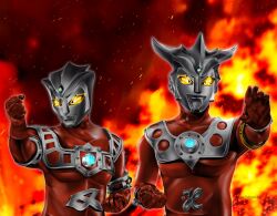 2boys alien armlet armor astra_(ultra_series) bracelet breastplate brothers clenched_hands collarbone color_timer colored_skin commentary crest curled_fingers fiery_background fighting_stance fire forehead_jewel gem gloves glowing glowing_eyes gold_armlet green_gemstone hand_up hanejidyna86 highres horns jewelry light_particles looking_ahead male_focus multicolored_skin multiple_boys outstretched_arm pectorals red_background red_gloves red_skin siblings side-by-side silver_armlet silver_skin studded_armlet studded_armor tokusatsu toned toned_male twitter_username two-tone_skin ultra_bracelet ultra_series ultraman_leo ultraman_leo_(series) upper_body wrinkled_skin yellow_eyes