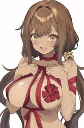 1girl bare_shoulders breasts brown_eyes brown_hair commission dark-skinned_female dark_skin fang hair_ornament hair_scrunchie highres indie_virtual_youtuber large_breasts leaf_hair_ornament long_hair naked_ribbon neck_ribbon open_mouth red_ribbon ribbon rora_(vtuber) scrunchie solo twintails upper_body virtual_youtuber y_uunaa yellow_scrunchie
