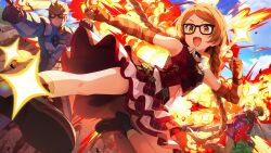 belt boots braid cloud explosion fingerless_gloves flying_kick game_cg glasses gloves high_heel_boots high_heels idolmaster idolmaster_million_live! idolmaster_million_live!_theater_days kicking low_twin_braids navel official_art ogami_tamaki open_mouth orange_hair pointing skirt tokusatsu twin_braids yellow_eyes