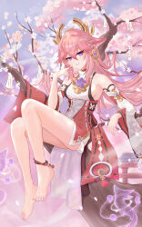 1girl absurdres aichinaigai animal_ears barefoot breasts cherry_blossoms detached_sleeves earrings finger_to_cheek fox fox_ears gem genshin_impact gold_earrings gold_trim hair_ears hakama highres in_tree japanese_clothes jewelry kosode legs legs_together long_hair medium_breasts miko no_panties pink_hair pink_nails purple_eyes purple_gemstone red_hakama sitting sitting_in_tree slips smug tassel toes torii tree white_tassel_(genshin_impact) yae_miko