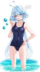 1girl ahoge armpits bare_arms bare_shoulders blue_eyes blue_hair blue_one-piece_swimsuit blush breasts collarbone covered_navel cowlick drop-shaped_pupils furina_(genshin_impact) genshin_impact gluteal_fold hair_between_eyes heterochromia highres holding holding_unworn_clothes light_blue_hair long_hair looking_at_viewer matrix16 medium_breasts multicolored_hair old_school_swimsuit one-piece_swimsuit open_mouth ponytail school_swimsuit school_swimsuit_flap simple_background solo standing swimsuit symbol-shaped_pupils wet wet_clothes wet_swimsuit white_background white_hair