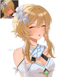 1girl absurdres blonde_hair breasts cleavage closed_eyes flower genshin_impact hair_flower hair_ornament highres hotaboshi_yazuki light_blush lumine_(genshin_impact) medium_breasts multiple_views short_hair_with_long_locks simple_background tagme tongue tongue_out upper_body white_background yaduki100